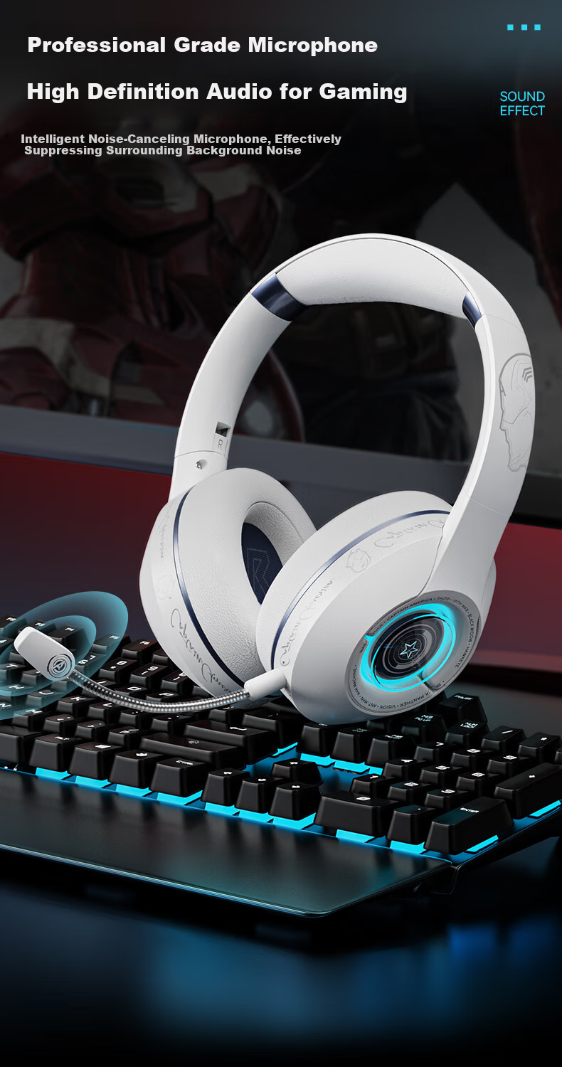 Disney Marvel Officially Licensed Wireless Bluetooth Headphones, Over-Ear ANC Active Noise Cancellation Gaming Headset with Long Battery Life, Cool Light Effects MR18 White Captain America 2