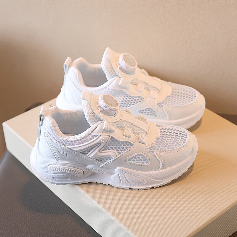 Warrior Children's Running Shoes Breathable Mesh Sandals with Rotary Buckle Summer White Sneakers WZ(CL)-0679 White Size 34