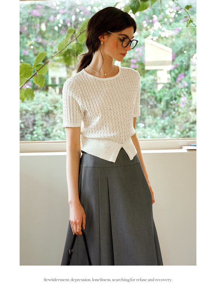 Olrain Eurielle French Style Short Sleeve Knit Top Summer Women's Colorful Split Round Neck Pullover White L 14