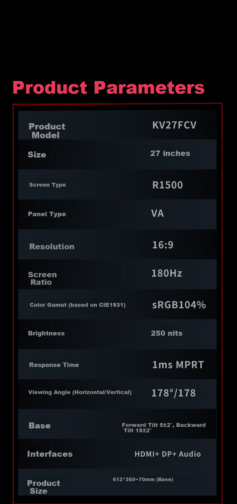 KVL Computer Monitor, 27-Inch, 180Hz, Professional Gaming Display, High-Definition, R1500 Curved, 1ms Response Time, KV27FCV 8