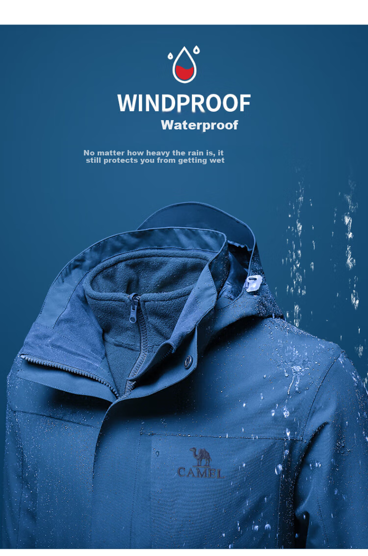 CAMEL Windbreaker Jacket for Men And Women, Three-In Detachable Two-Piece Set, Outdoor Heavy Rain-Proof Waterproof Windproof Mountaineering Suit 9