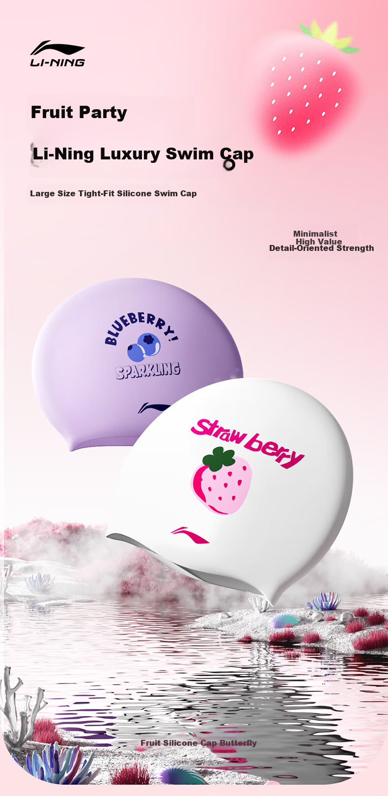 Li-Ning Adult Swim Cap for Women, Comfortable Non-Binding Fashion Silicone Long Hair Ear Protection Waterproof Silicone Swimming Cap 4111 White 1