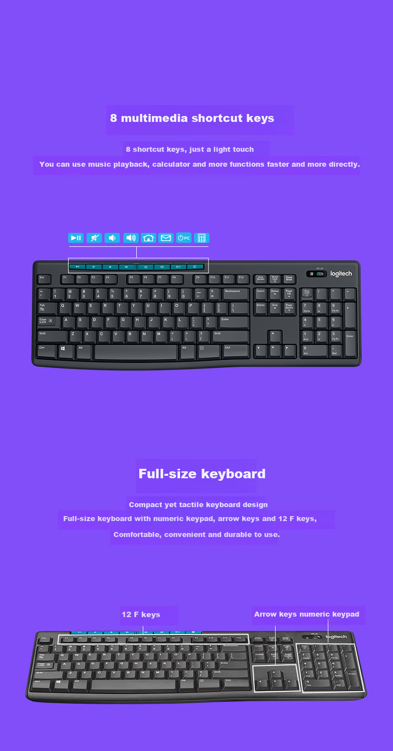 Logitech MK275 Wireless Keyboard And Mouse Combo, Office Keyboard And Mouse Set, Full-Size Business Keyboard And Mouse Set with 2.4G Wireless Receiver, Black And Blue 4