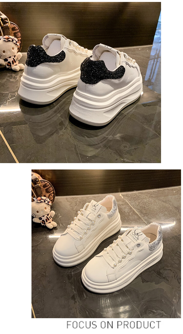 La Chapelle Women's Sneakers, Thick-Soled White Shoes, Versatile Pearl Lace-Up Sports White Shoes-JX005 Silver 39 16