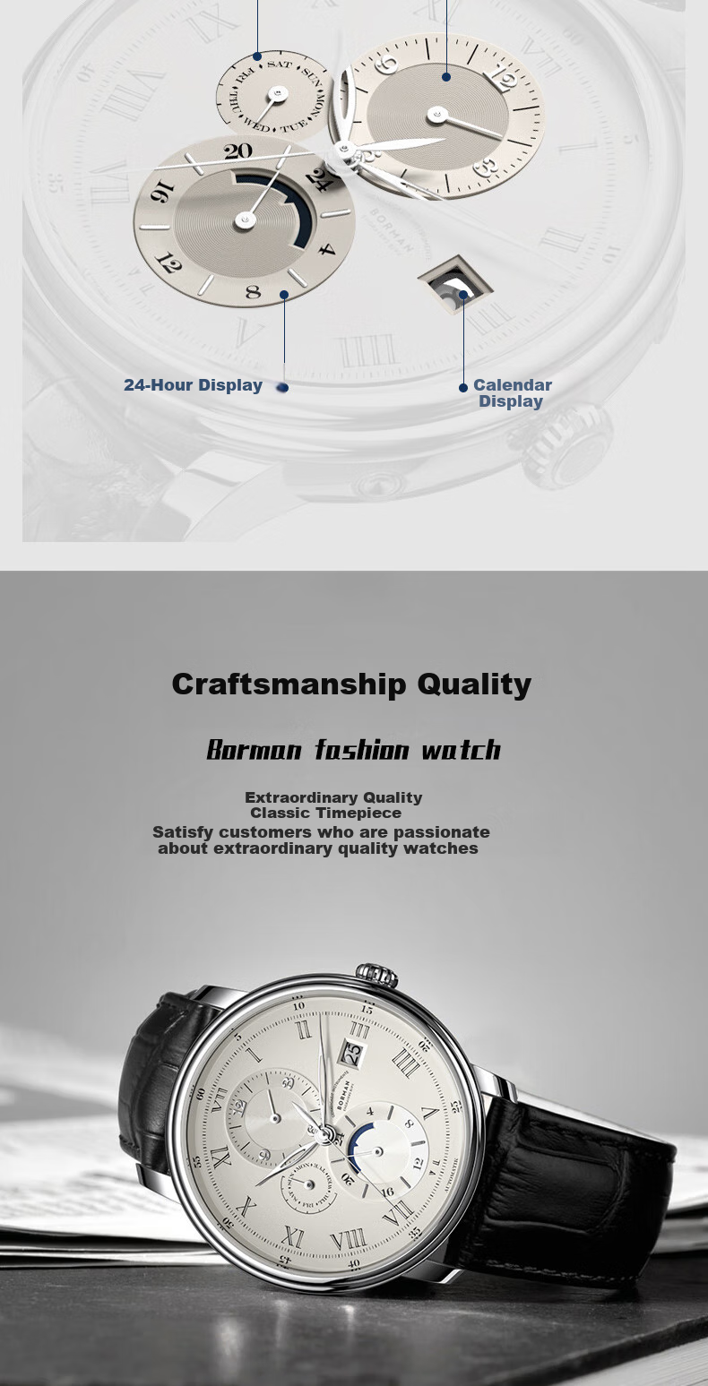 BORMAN Bauhaus Men's Mechanical Watch, Fully Automatic, Water-Resistant 3801, Silver Hands, Apricot Dial, Steel Strap 2