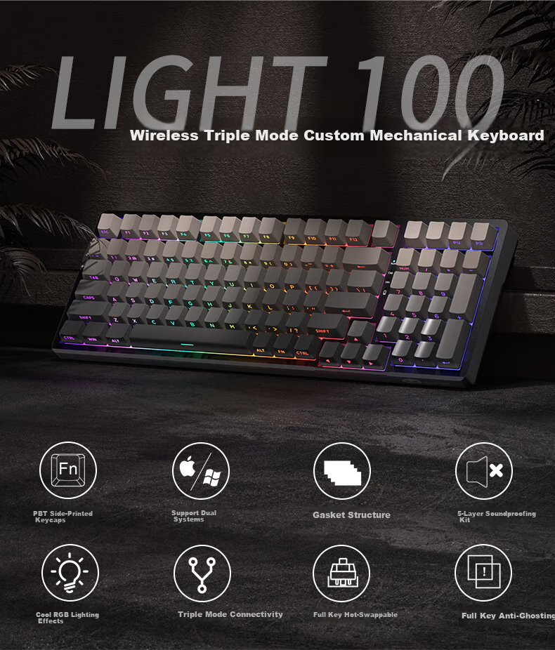 MageGee Light100 Tri-Mode Bluetooth Wireless Keyboard, 99 Keys Hot-Swappable Customizable Keyboard, RGB Translucent Side-Carved Keyboard, Gaming Mechanical Keyboard, Side-Carved Gray, Blue Whale Switches 1