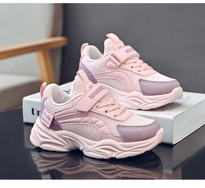 Warrior Children's Shoes, Spring And Autumn Breathable Mesh Girls' White Sneakers, WZ(CL)-0976, Pink/Lavender, Size 37 8