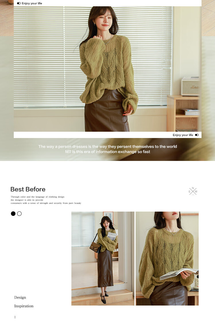 Mt [Relaxed Grass Green] Autumn Simple Round Neck, Jacquard Loose Long-Sleeve Pullover Sweater 2