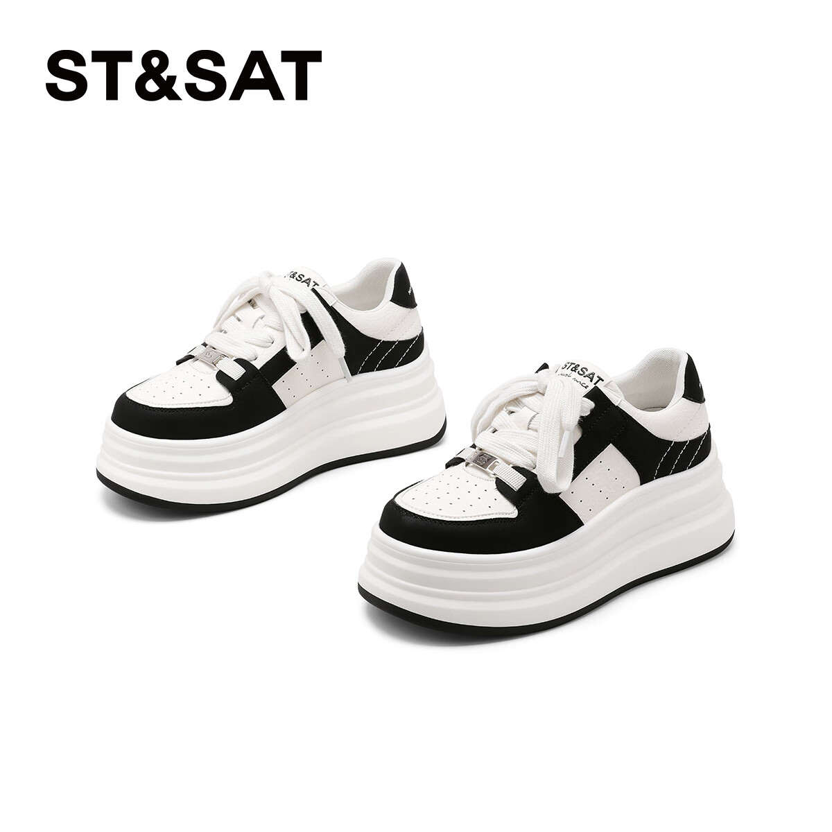 St&Sat Women's Thick-Soled Sneakers, 2025 Spring New Style Versatile Color-Block Casual Shoes SSD1112C55, Black, Size 37