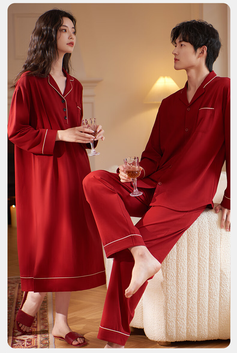 XULEN Modal Cotton Couples Red Nightgown and Robe Set for Wedding Year 63351 Jujube Red - Women M 10