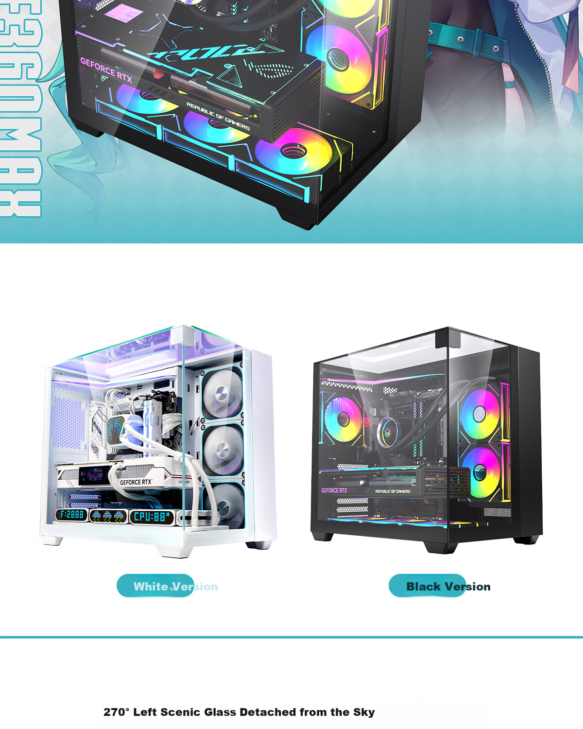 PADO White Zhe 360MAX Black Seaside View ATX Desktop Computer Case (Without A Pillar, Three-Sided Glass, Supports 360 Water Cooling, 7 Fan Positions, Compatible with 4090 Graphics Card) 1