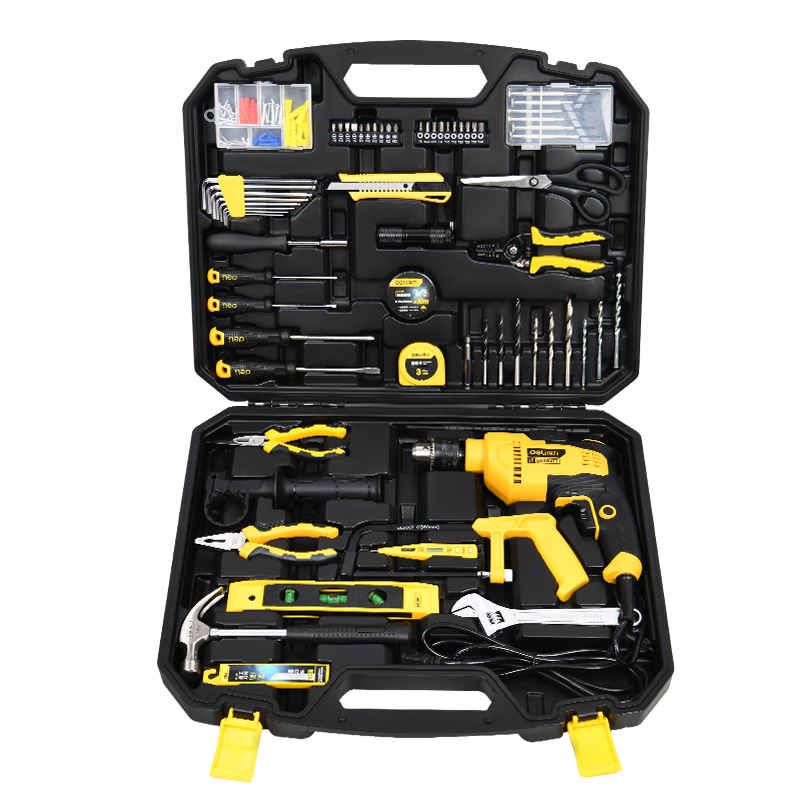 Deli Household Multi-Functional Hardware Toolbox Impact Drill Set, 65-Piece Comprehensive Repair Kit for Electricians And Carpenters