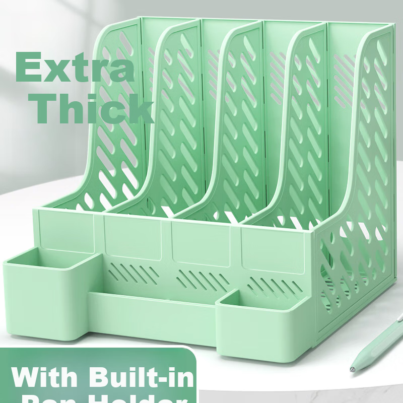 Xinshida File Organizer, Extra Thick Folder Shelf, Bookend, Office Desktop Standing File Storage Box, Basket for Organizing Documents And Materials, Four-Tier Multi-Layer Functional Pen Holder, Supplies, Gree 1