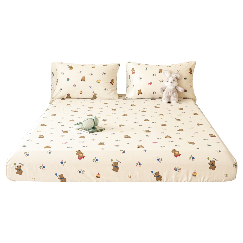 KING SHORE Class A 7A Antibacterial 100% Pure Cotton Fitted Sheet, Single Piece, Solid Color, Adult Size, 150*200cm, Fun Bear Desig
