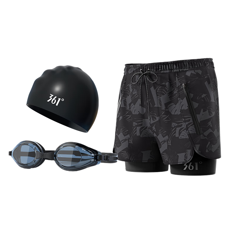 361° Men's Swim Trunks, Swimming Goggles And Swim Cap Set, Square-Leg Two-Piece Design, Anti-Embarrassment, Professional Training, Large Size, Quick-Drying Swimming Gear