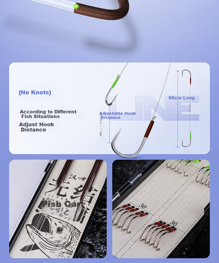 Handing Wuzhuzhen Shuanggou Bighead Carp And Silver Carp New Guandong Shuanggou Finished Product Competitive Big Fish Hook, Size 5 Hook without Barbs, Size 3 Line 60cm 13