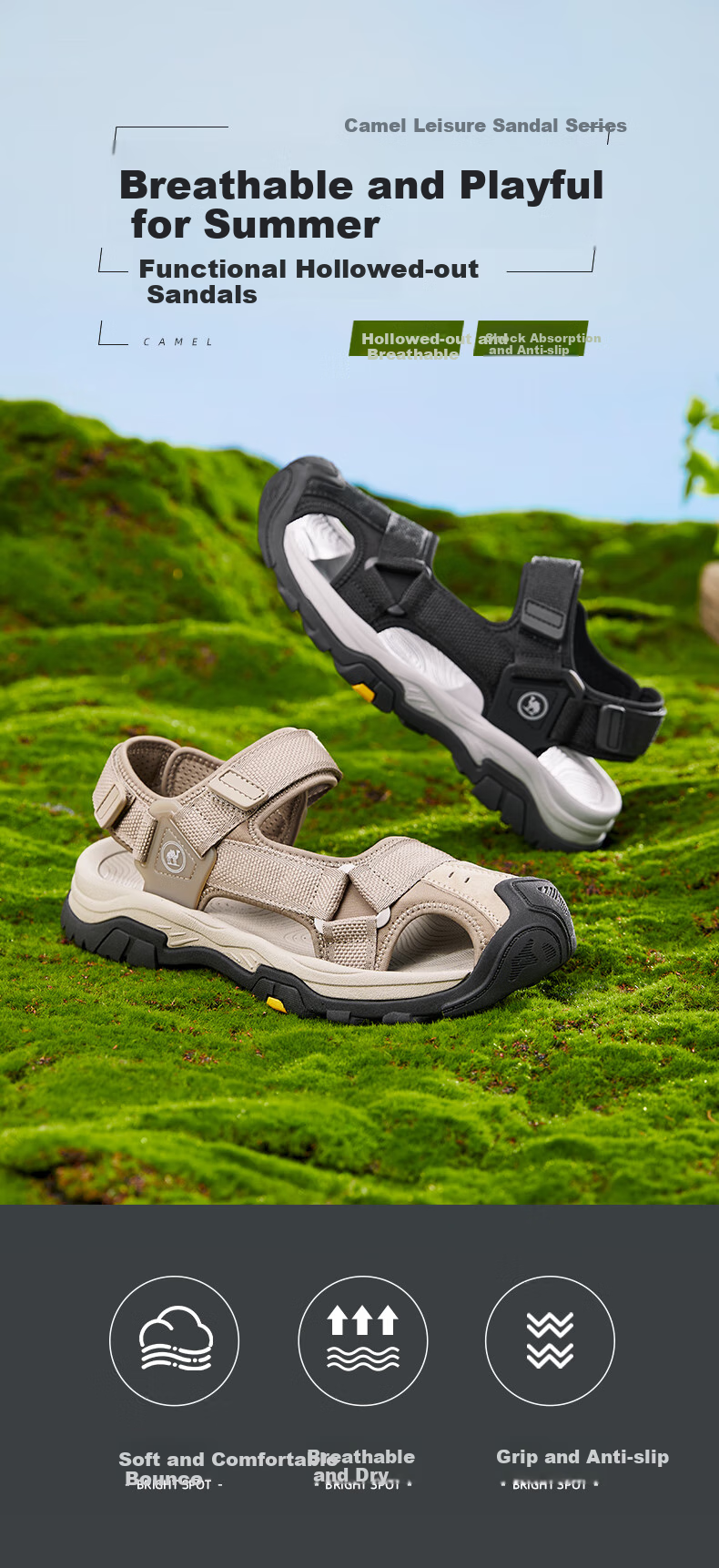 CAMEL Brand, Hollow Breathable Closed-Toe Outdoor Beach Casual Velcro Men's Sandals P14M307605, Black, Size 43 1