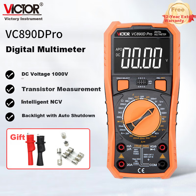VICTOR Digital Multimeter, High-Precision LCD Display, Multi-Function Burn Protection, Electrician's Universal Meter for Home Use, VC890D PRO