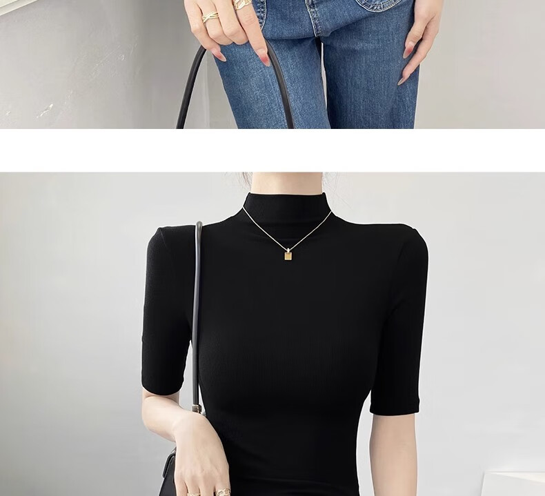 Woodpecker Women's Half Turtleneck Mid-Sleeve Base Shirt Spring Autumn T-Shirt 2025 New Slim Fit Five-Sleeve Top Black XL 6