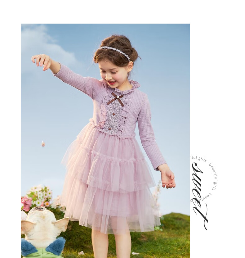 Follow Me Girls' Dress Spring And Autumn Sweet Tulle Knit Dress for School Performances, Pink, Size 150 9