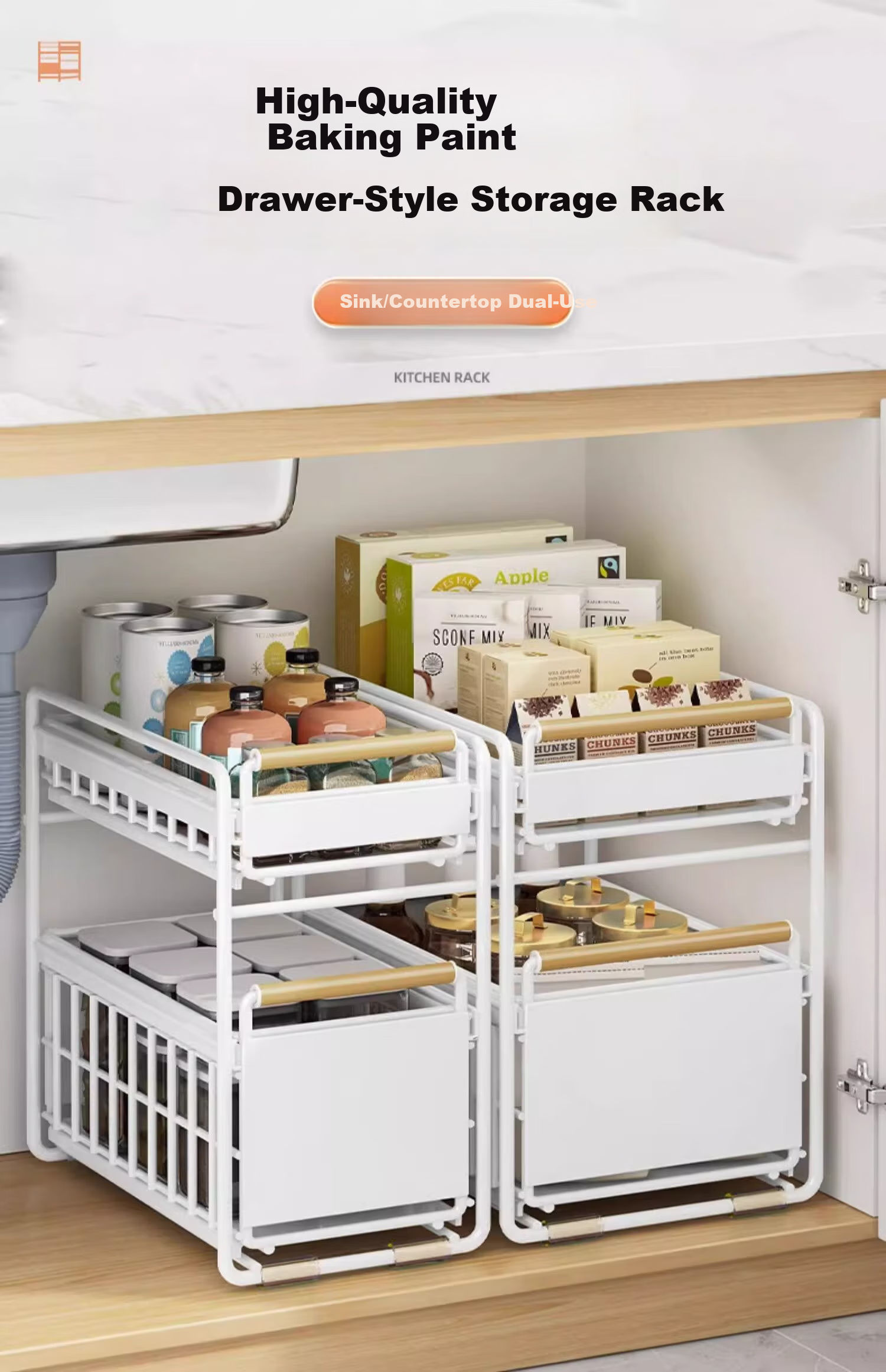 Jiadu Kitchen Cabinet Pull-Out Basket, Under-Sink Storage Rack, Multifunctional Dish And Spice Organizer, Sliding Multi-Layer Shelf 1