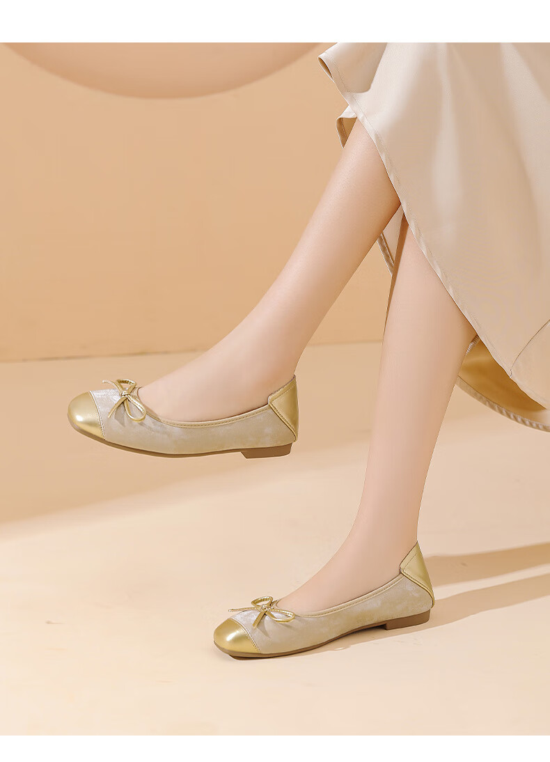 DAPHNE Gentle And Elegant Flat Spring Korean-Style Girls' Shoes with Patchwork Bow And Egg Roll Design, Women's Flats, Apricot Color, Size 40 8