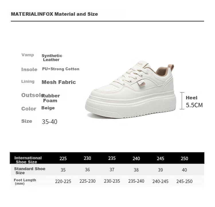 ZHR White Sneakers for Women with Height Increase, Thick Soles, Versatile, Simple, Casual Shoes, Fashionable Lightweight Women's Shoes KE17 Beige 35 4