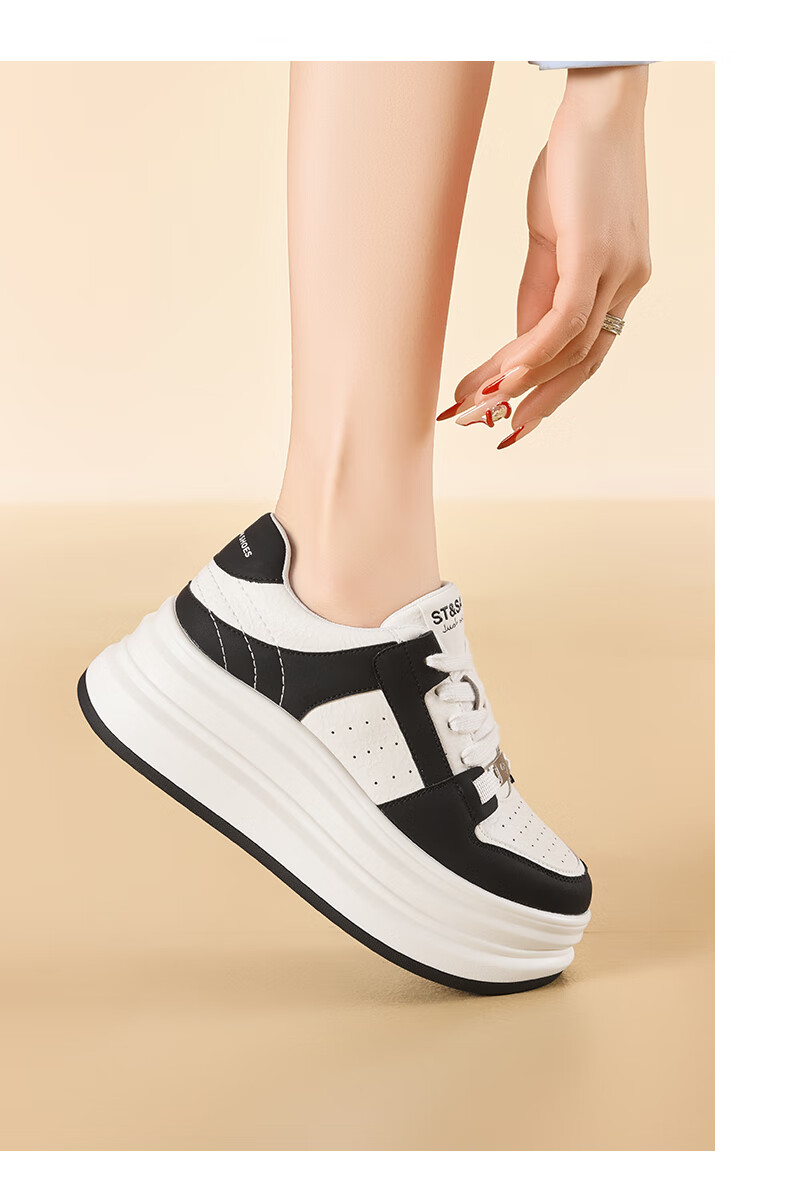 St&Sat Women's Thick-Soled Sneakers, 2025 Spring New Style Versatile Color-Block Casual Shoes SSD1112C55, Black, Size 37 11