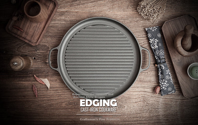 Dianjiang Cast Iron Steak Griddle, Large Size Professional Striped Steak Pan, Flat Bottom Frying Pan, Uncoated Thickened Barbecue Plate, 30cm 2