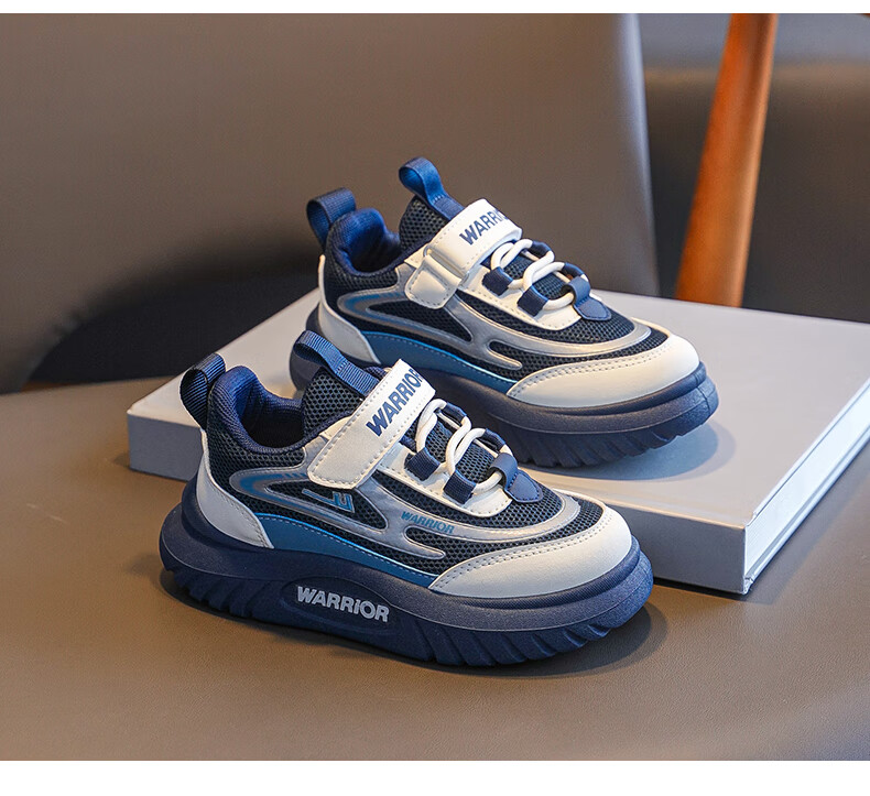Warrior Boys' Shoes, Spring And Autumn Style, Mesh Breathable Soft-Soled Children's Sneakers WZ(CL)-0965, Navy Blue/beige/light Blue, Size 33 6
