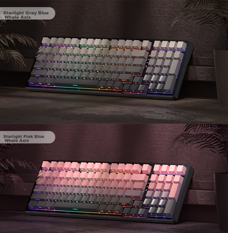 MageGee Light100 Tri-Mode Bluetooth Wireless Keyboard, 99 Keys Hot-Swappable Customizable Keyboard, RGB Translucent Side-Carved Keyboard, Gaming Mechanical Keyboard, Side-Carved Gray, Blue Whale Switches 2