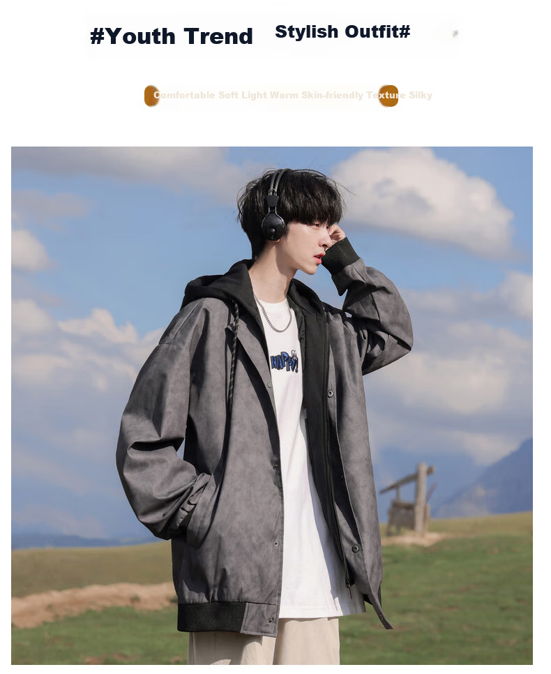POUM Faux Two-Piece Hooded Jacket for Men, Spring And Autumn Style, Trendy Cool Casual Jacket BL0660 Black M 1
