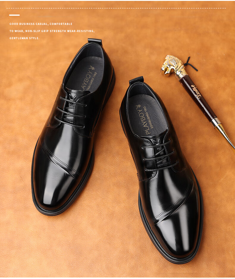 PLAYBOY Men's Leather Shoes, British Trendy Pointed Toe Lace-Up Formal Business Shoes, Groom Wedding Shoes, Black, Size 42 1
