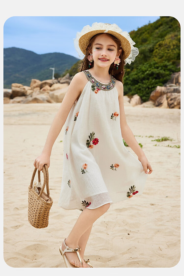 ASK JUNIOR Girls Summer Dress Lightweight Embroidered Sleeveless Dress Beach Vacation Children's Dress White 9