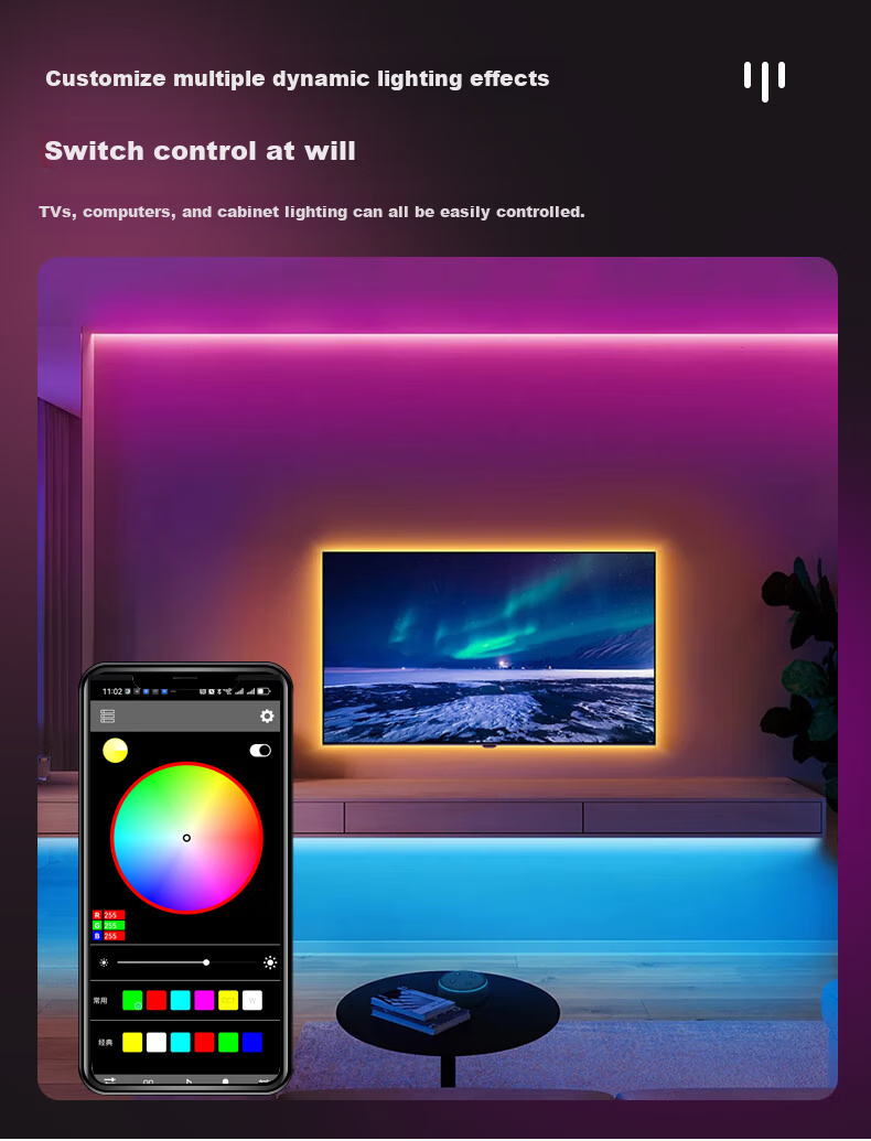 Kaiju Colorful RGB LED Strip App Music Sensing Computer Desktop Self-Adhesive Light Strip, 5V Colorful Mobile Bluetooth, 5-Meter Light Strip + Adapter + Remote Control 7