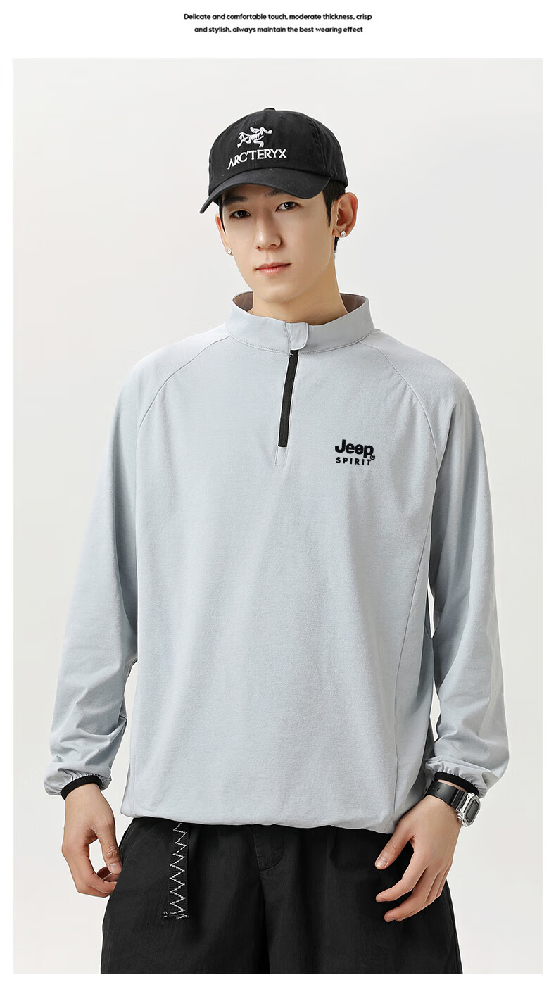 JEEP SPIRIT Quick-Dry Sports T-Shirt for Men, Spring And Autumn Long-Sleeve Undershirt, Running Sports Half-Zip Top for Men, Light Gray, L 9