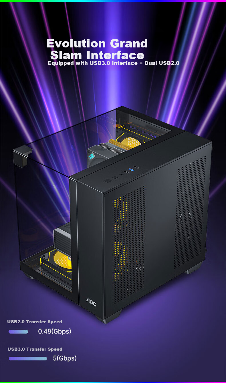AOC Starry Sea CG389 Black Gaming Computer Case, Three-Sided Glass/No Pillars/Supports MATX/5 Fan Positions/3D Panoramic View/Lower And Upper Compartments 4