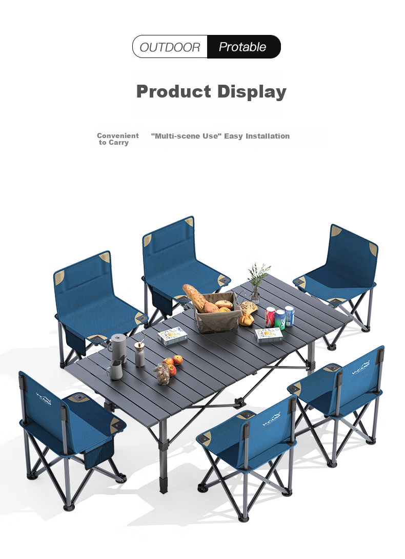 V-CAMP Outdoor Folding Table And Chair Set, Picnic Table And Chairs, Camping Barbecue, 120cm Portable Aluminum Table, 7-Piece Set 9