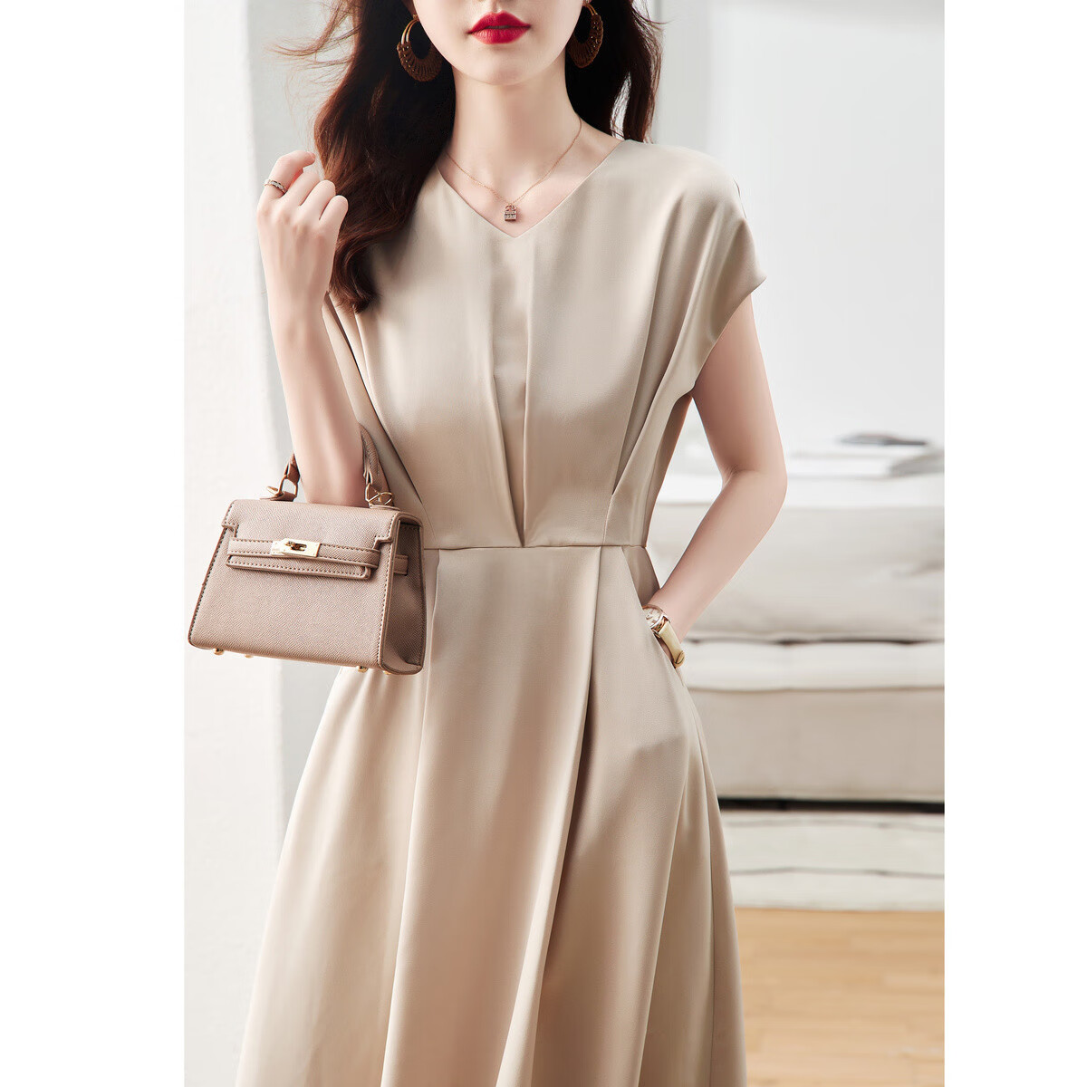 DME A-Line Skirt Summer Commuter V-Neck Short Sleeve Simple Mid-Length Dress for Women