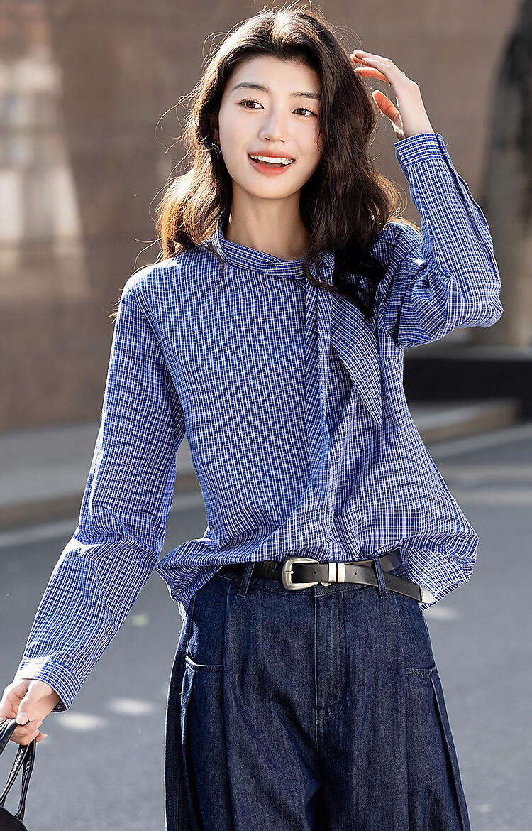 Dme [Pure Cotton Plaid] Autumn Literary Vintage Plaid Shirt with Tie Collar, Petite Elegant Blouse Women's Top 8