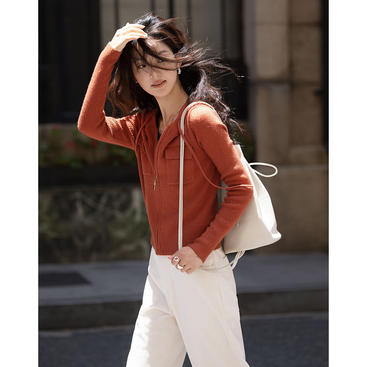 Dme [Hooded Zip-Up Knit Top], Spring And Autumn Opening Collar Hooded Design Long-Sleeve Knitted Sweater for Wome