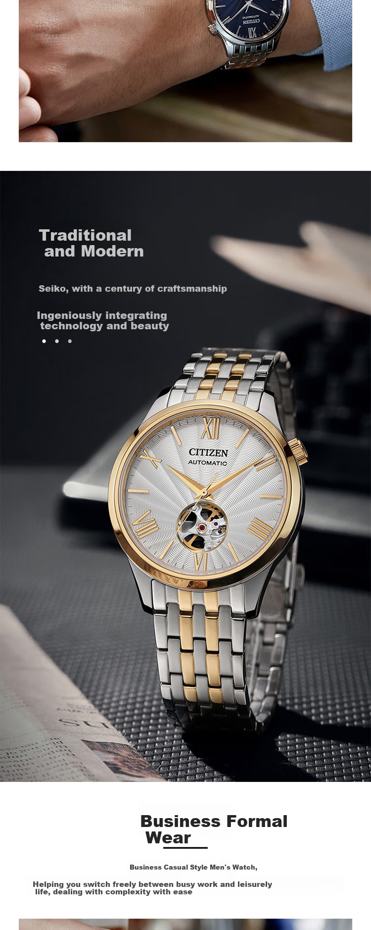 CITIZEN Watch for Men, Japanese And Korean Style, Automatic Mechanical Movement, Rose Gold Steel Band, Student Gift for Boyfriend, NH9136-88A 4