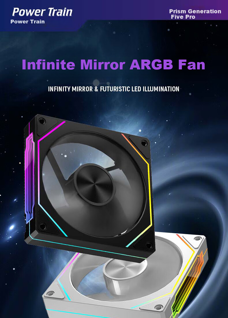 PowerTrain Prism 5 PRO Case Fan, 12CM White Reverse Blade, ARGB Light Sync, Desktop Computer Cooling Fan, PWM Intelligent Speed Adjustment, Infinite Mirror Light Effects 1