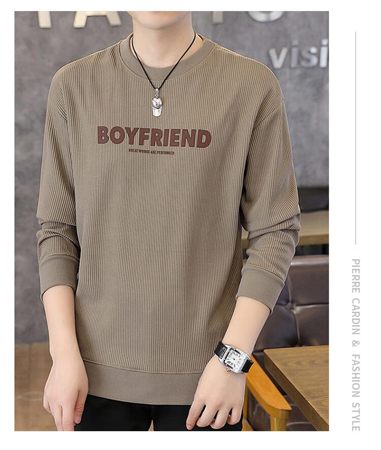 Pierre Cardin Men's Sweatshirt Spring Autumn Embroidered Heavyweight Long Sleeve T-Shirt Casual Base Layer Khaki M 6