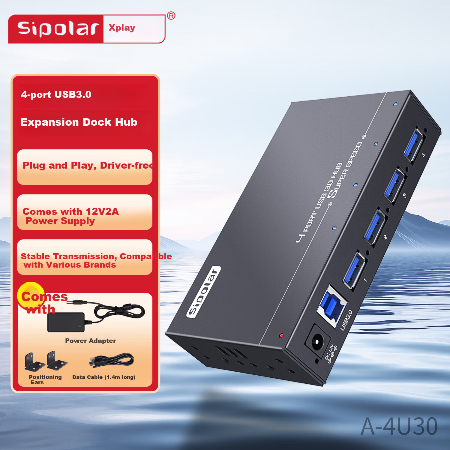 SIPOLAR USB3.0 Expansion Dock with Power Supply Hub, 4-Port Splitter A-4U30 (1.4 Meters), HUB for Laptops And Desktop Computers, Connects Hard Drives, Keyboard, Mouse, Industrial-Grade Single Port 1A