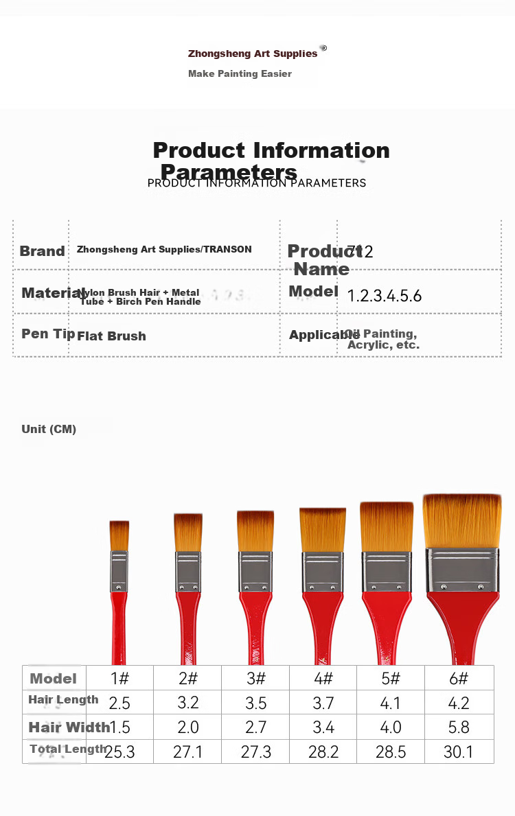 Transon 4# Gouache Oil Painting Acrylic Paint Watercolor Brush Set Paint Brushes Nylon Hand-Drawn Painting Wall Drawing Board Brush Flat Brush Texture Art Painting Color Complete Set Flat Brush Single Brush Art Sketching 5