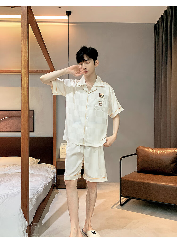 Zaishuo Men's Summer Pajamas, Ice Silk Cool-Feeling Short-Sleeve Shorts Two-Piece Set, Simple And Comfortable, Suitable for Outdoor Wear, Men's Home Loungewear Set 5