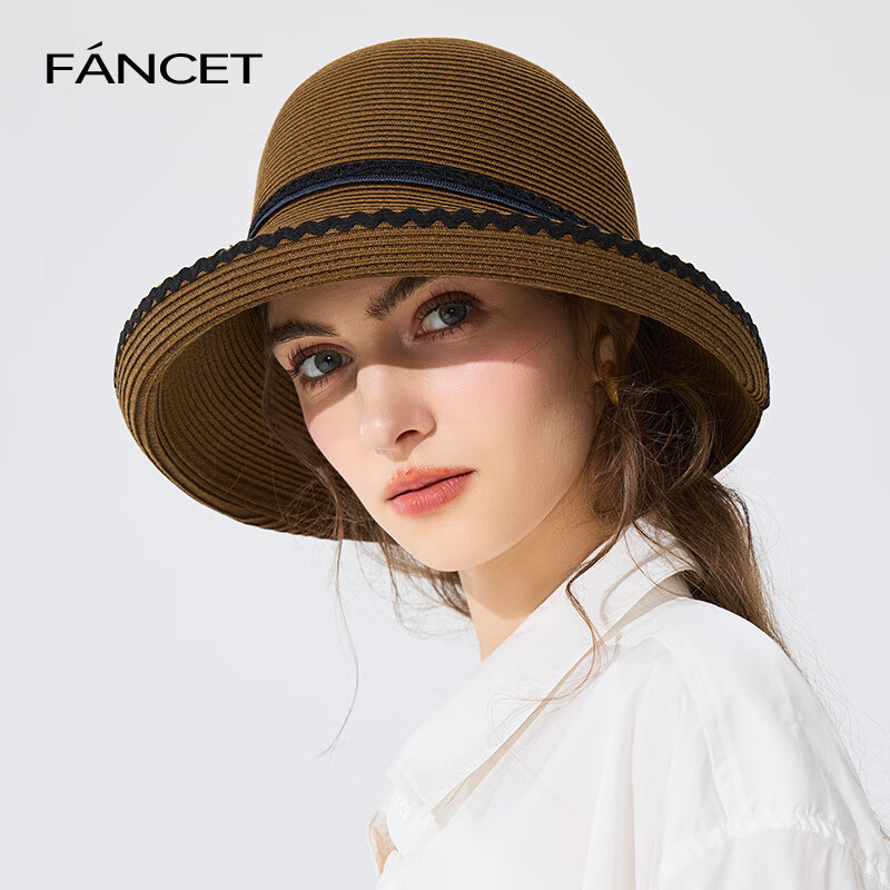 FANCET Women's Straw Hat Spring Summer French Style Rolled Brim Sun Hat UV Protection Beach Vacation Sun Hat