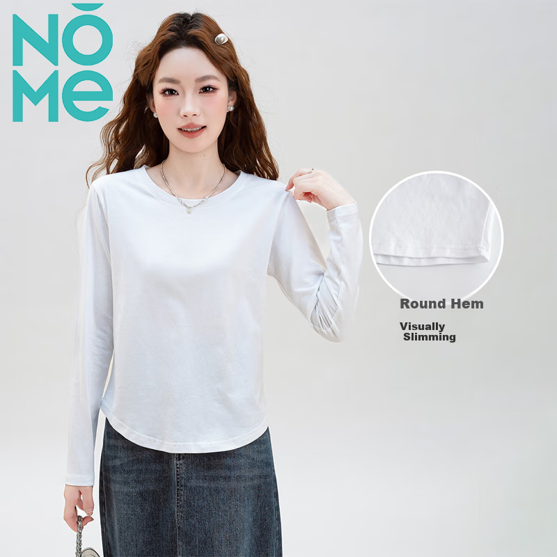 NOME Autumn And Winter New Round Neck Slim-Fit Long-Sleeve T-Shirt for Women, Body-Hugging Waist-Cinching Base Layer Inner Wear, White, XL