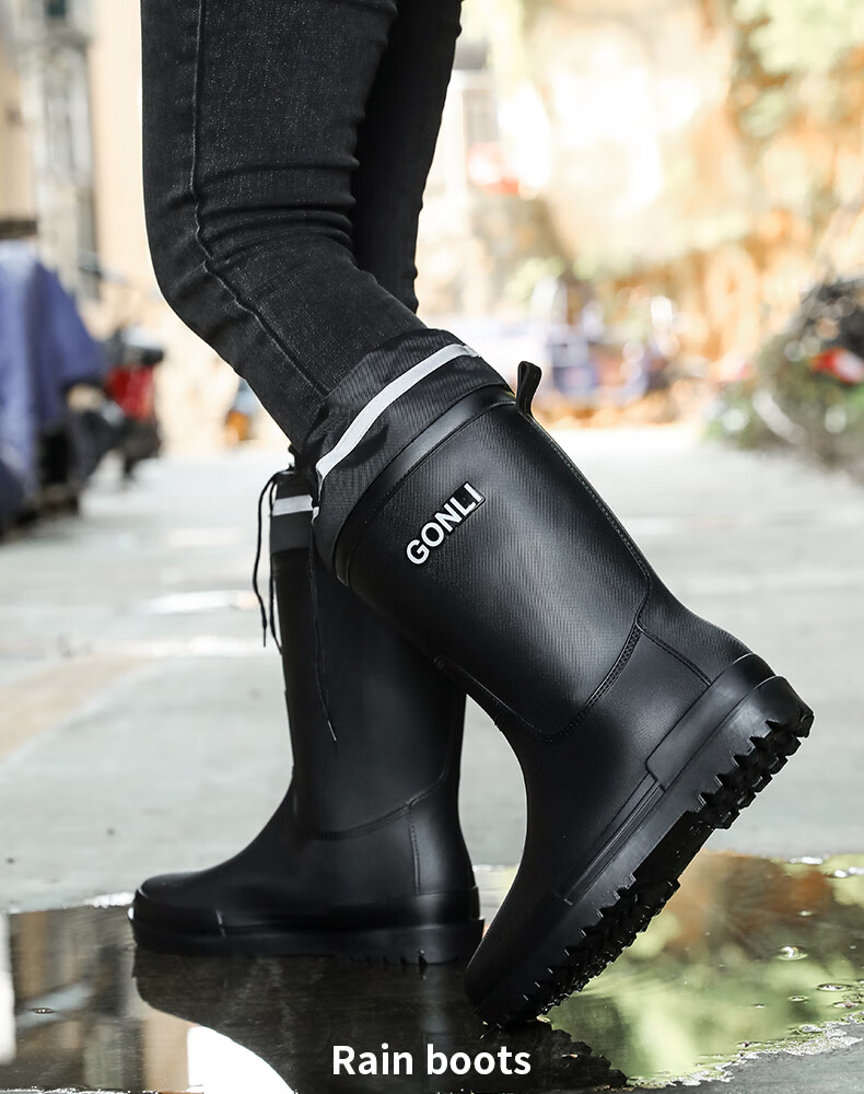 FOOTOPPO Fashion Mid-Calf Waterproof Drawstring Rain Boots for Men, Delivery Rider Rain Boots, Non-Slip Water Shoes with Thick Sole 1